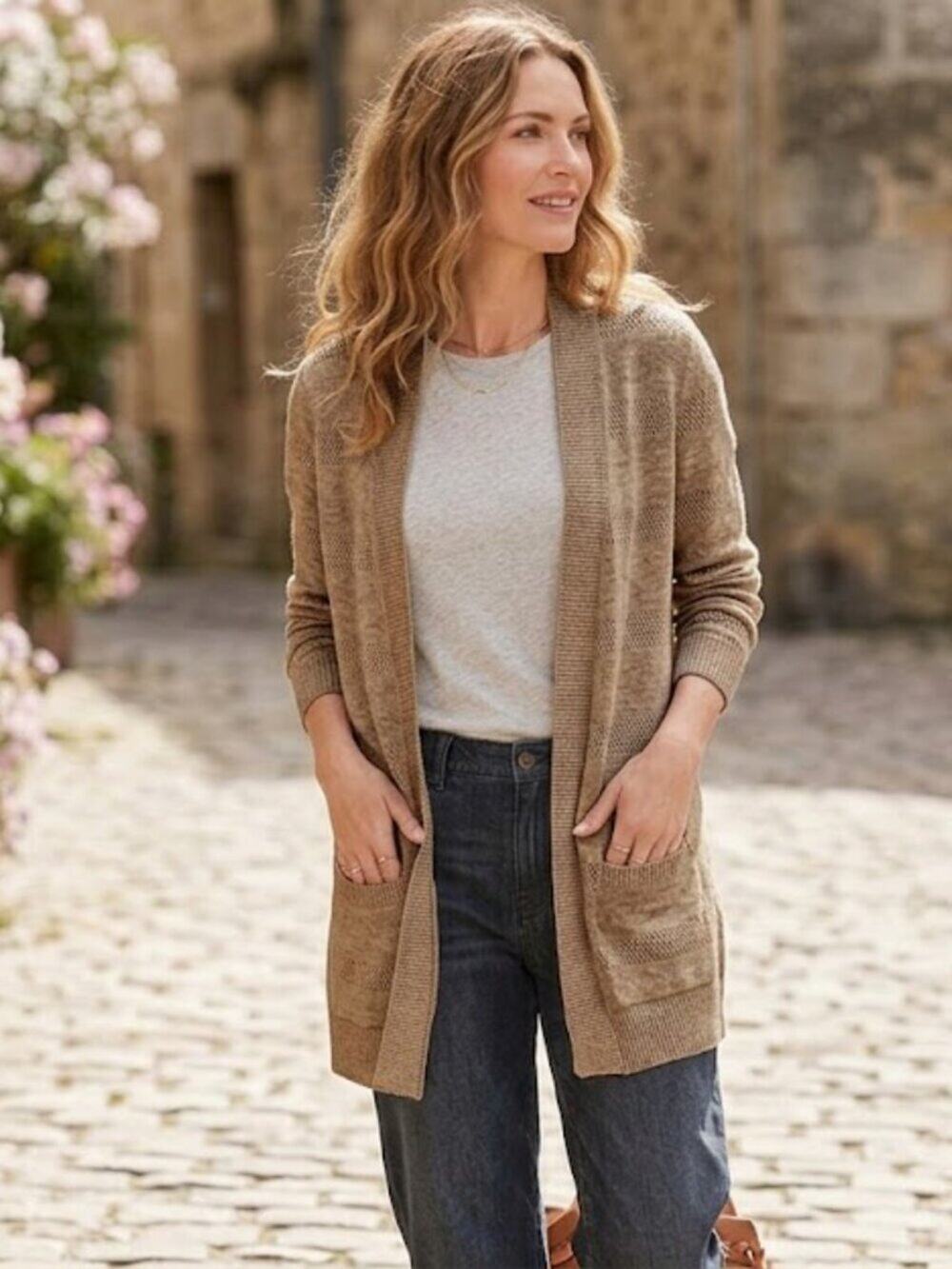 Talbots 100% Linen Open Front Cardigan Sweater brown beige M Light Knit Pockets